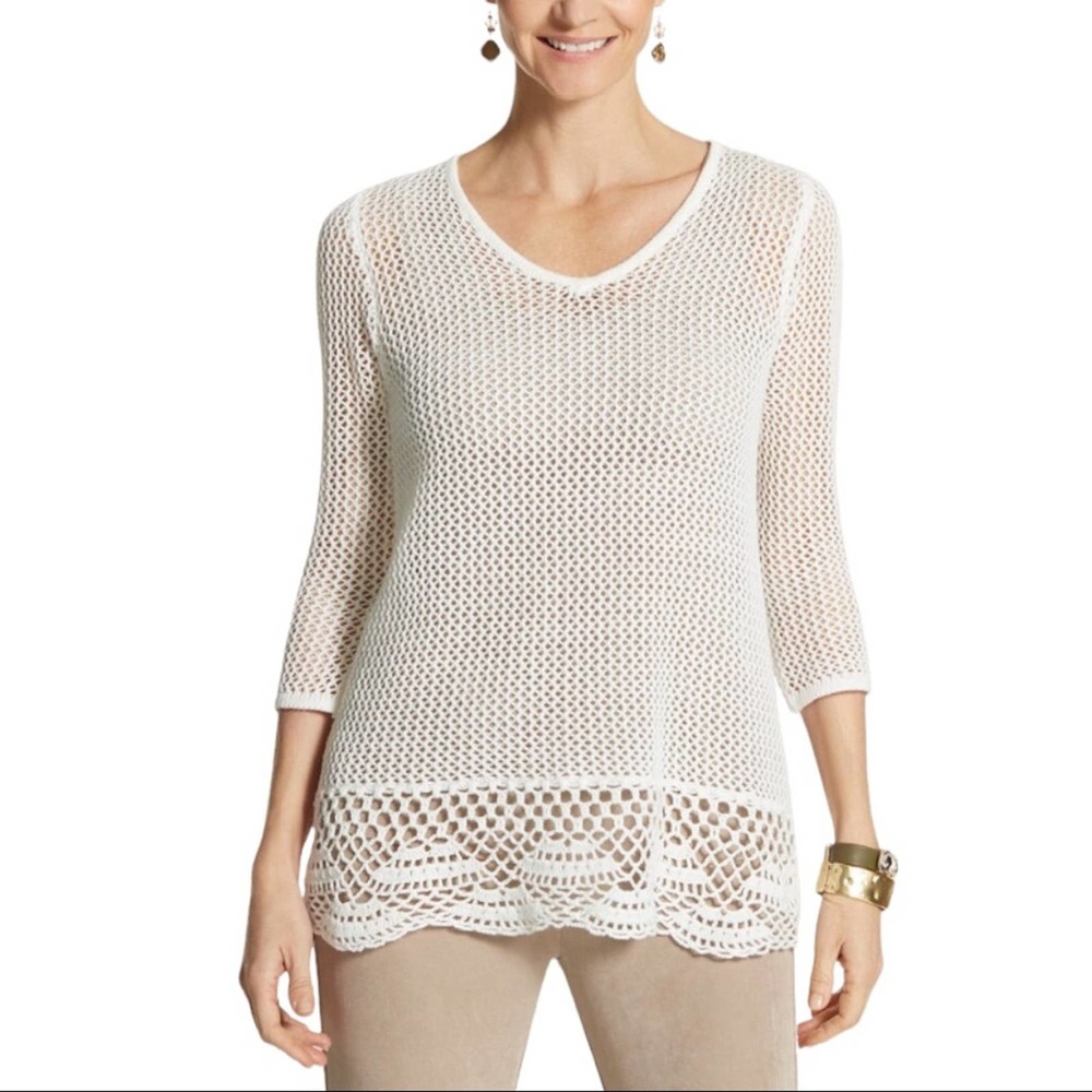 CHICO’S | Travelers Collection Off-White 3/4 Sleeve Crochet Sweater
